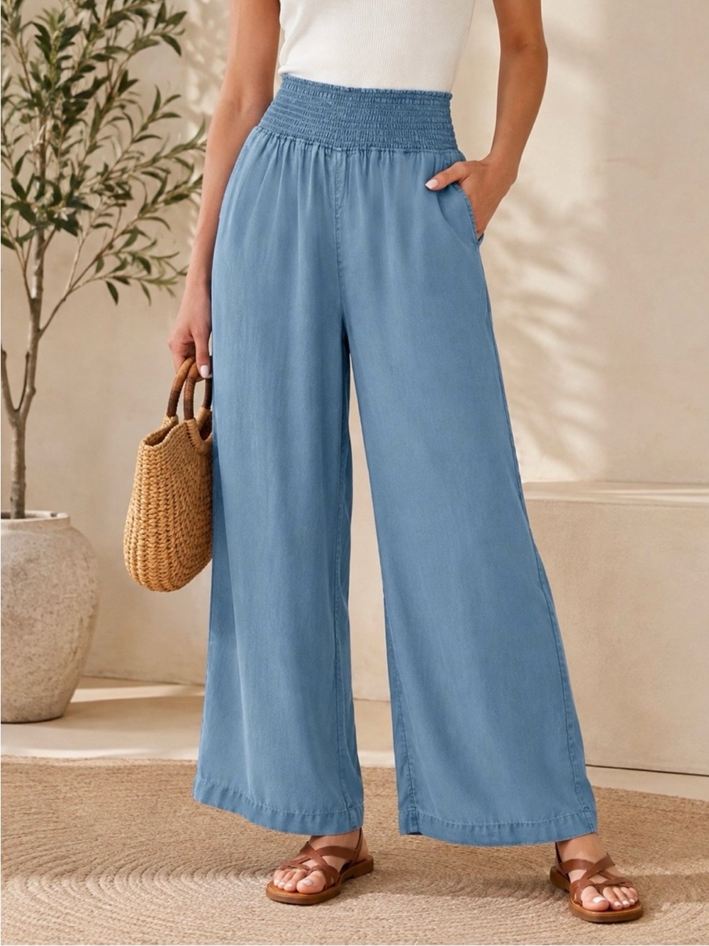 Joie chambray lyocell smocked high rise wide leg relaxed slouchy lagenlook Pants